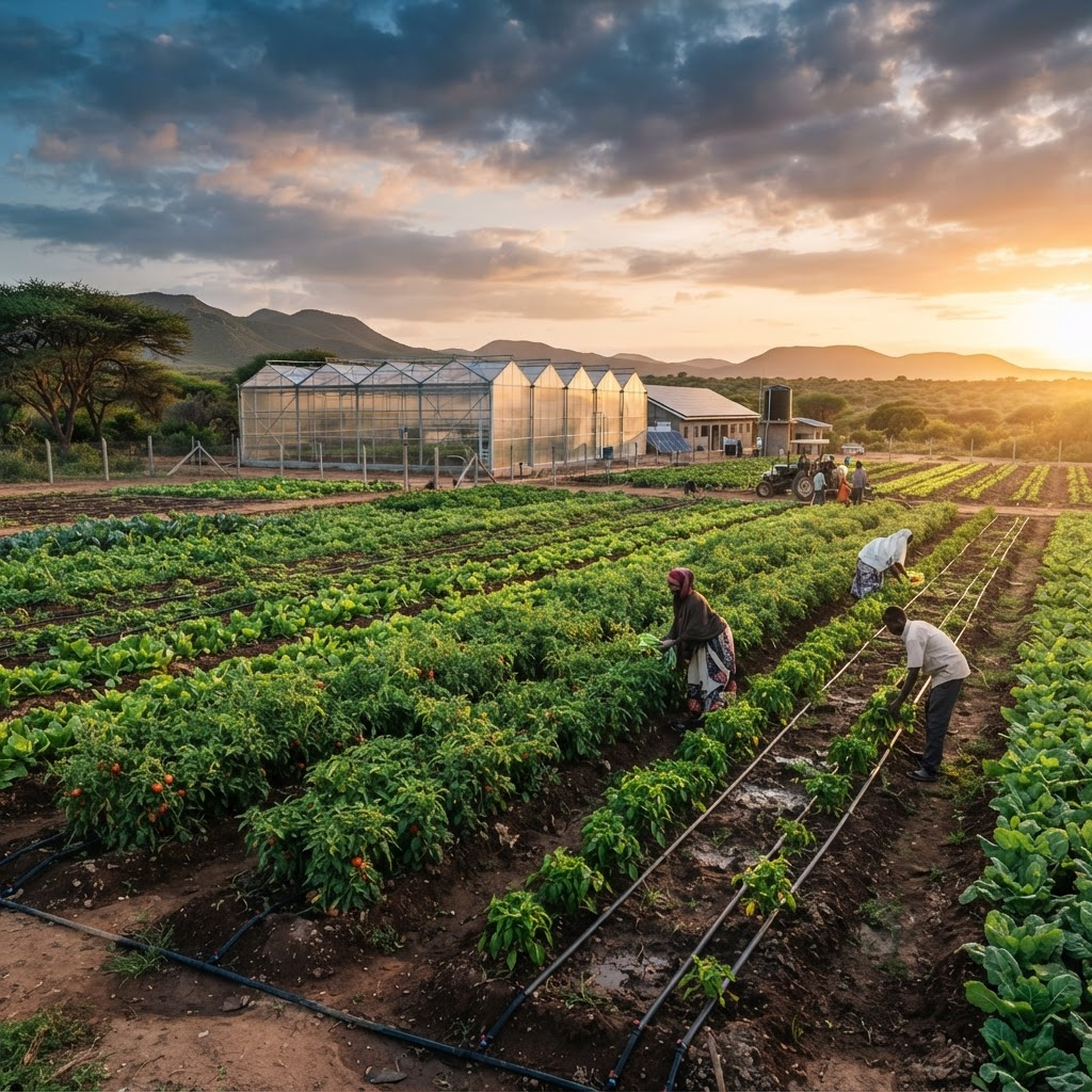 A thriving farm in Somalia with drip irrigation and a greenhouse at golden hour