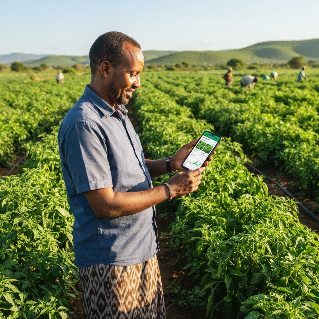 A Somali farmer using the Arafo Smart Farm app on a smartphone in a green crop field